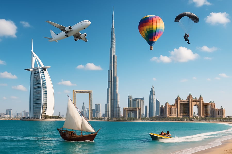 Dubai skyline with iconic landmarks and travel experiences